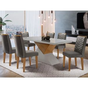 Sala de jantar Aster 180 Tampo em MDF e Vidro com 6 Cadeiras Liz Moderna - Moderna Mobília