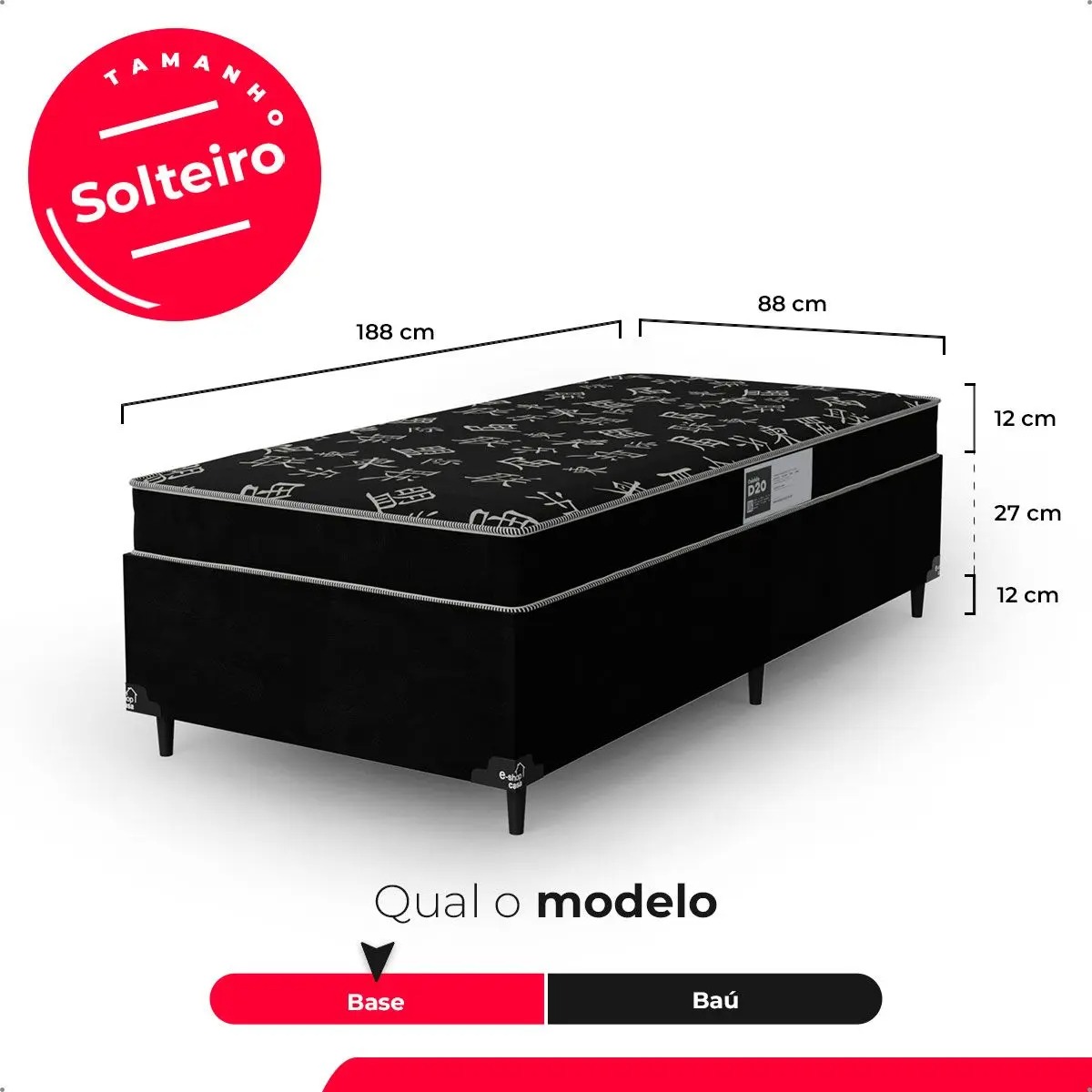 Cama Box Solteiro + Colchão Espuma D20 - 51x88x188cm - Suede Preto - e-Shop Casa - Imagem 5