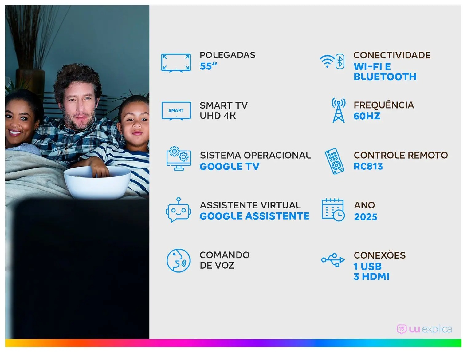 Smart TV 55" SEMP 4K LED 55S62 Google TV AiPQ Pro Google Assistente 3 HDMI e USB - Imagem 2