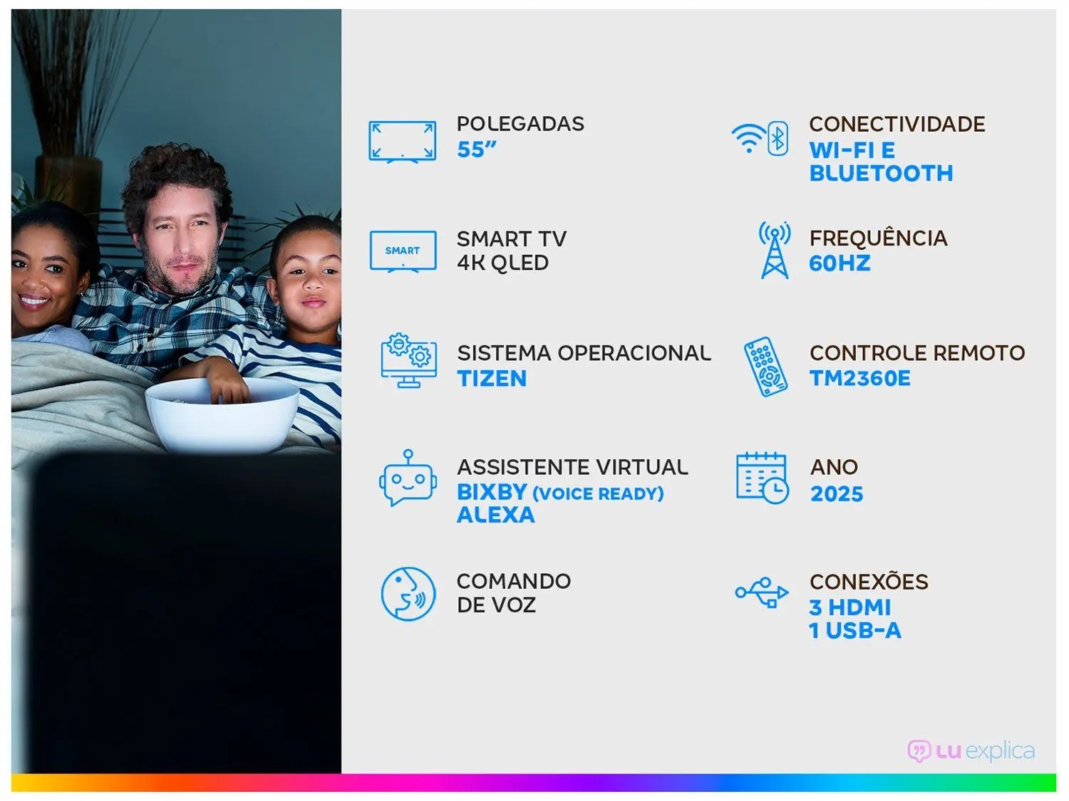 Smart TV 55" 4K Samsung QLED QN55Q7FAAGXZD Tizen Q4 AI 3 HDMI - Imagem 2