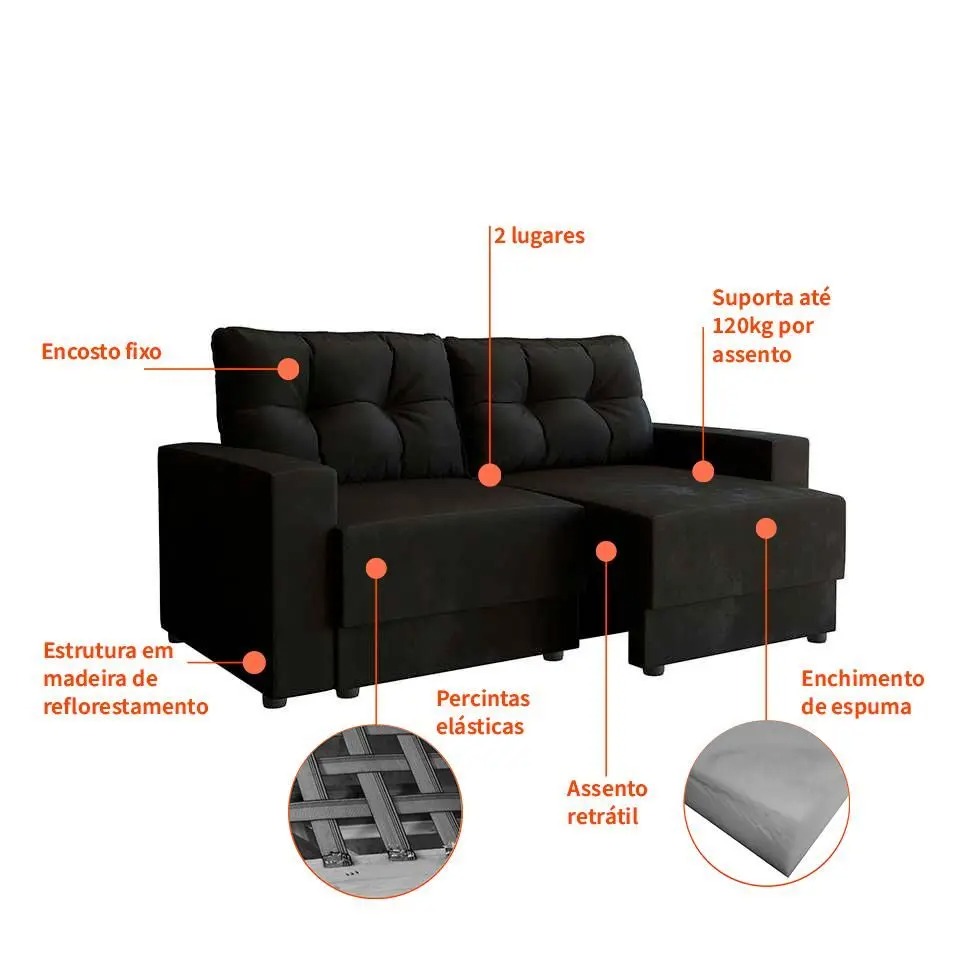 Sofá 2 Lugares Retrátil Lubeck Suede Preto 140 cm - Mobly - Imagem 2
