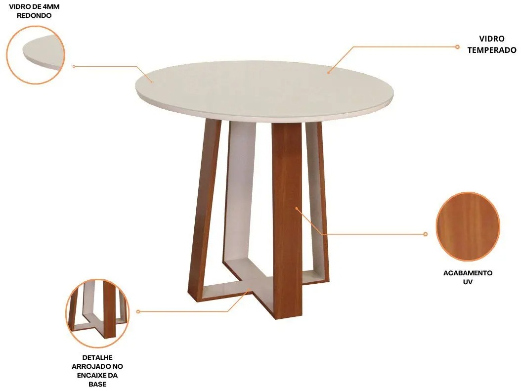 Mesa de Jantar 4 Cadeiras Redonda Naturalle e Off-White Tampo de Vidro Laís Móveis São Carlos - Imagem 2