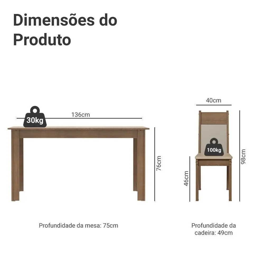 Conjunto Sala de Jantar Mesa Tampo de Madeira 6 Cadeiras Rustic/Crema/Bege Jaíne Madesa - Imagem 4