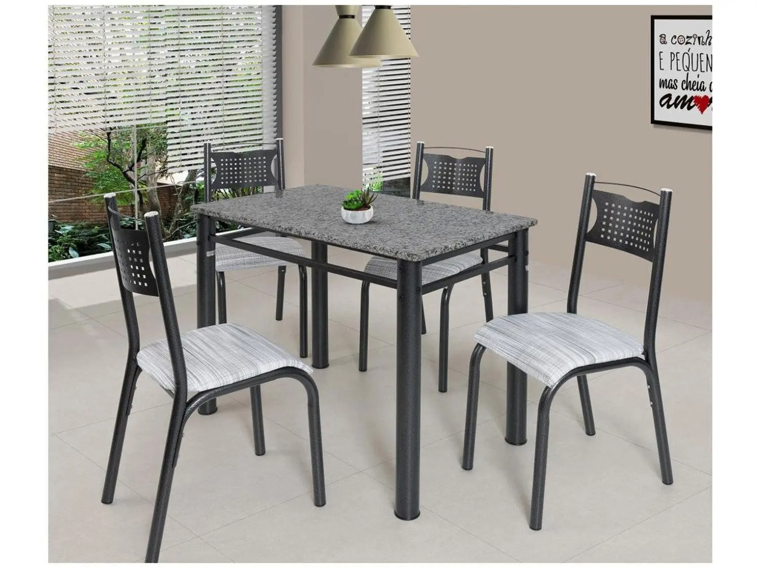 Mesa de Jantar 4 Cadeiras Retangular Aço Tampo Granito Poeme Ciplafe