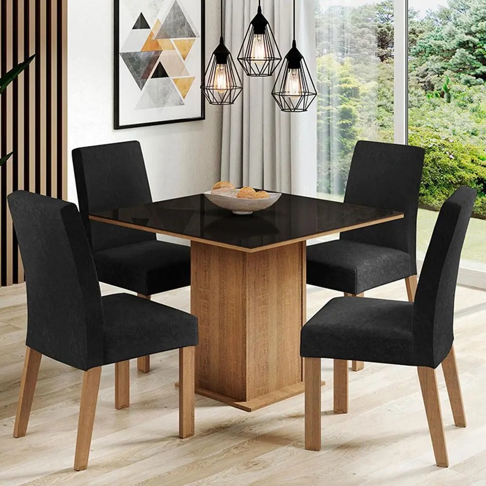 Conjunto Sala de Jantar Mesa Tampo de Vidro 4 Cadeiras Anne Madesa