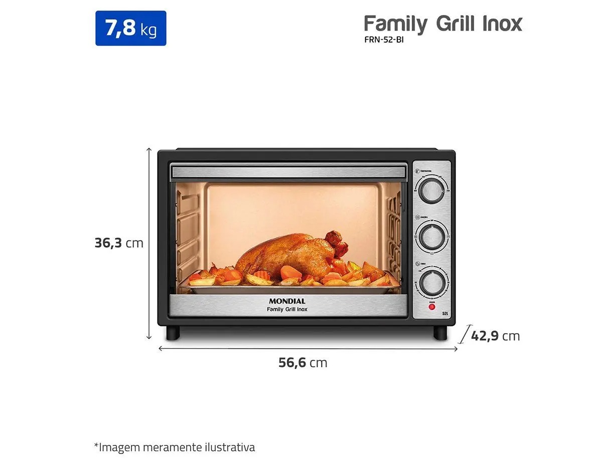 Forno Elétrico de Bancada Mondial Preto e Inox 52L Preto Family Grill FRN-52-BI 110/220V - Imagem 6