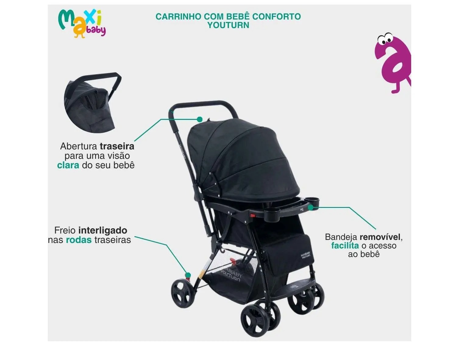 Carrinho de Bebê com Barra Reversível + Bebê Conforto Maxi Baby Youturn até 15kg - Imagem 4