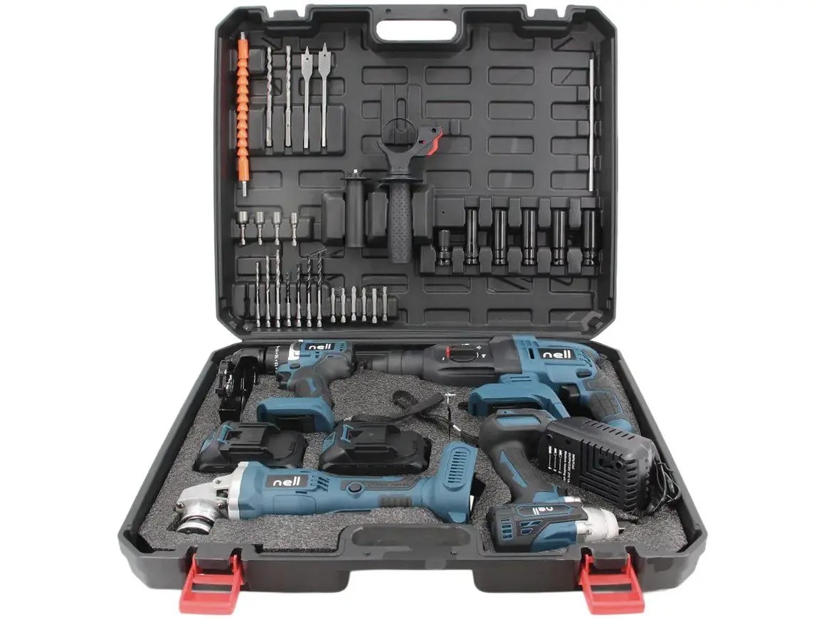 Kit de Ferramentas Nell 39 Peças 4 em 1 com Parafusadeira Martelete Rompedor/Perfurador Esmerilhadeira Chave de Impacto 2 baterias de 3.0Ah e Carregador
