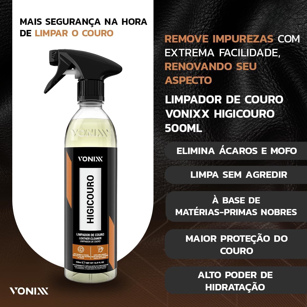 Kit Vonixx Hidracouro e Higicouro 500ml - Manutenção de Couro Automotivo - Imagem 4