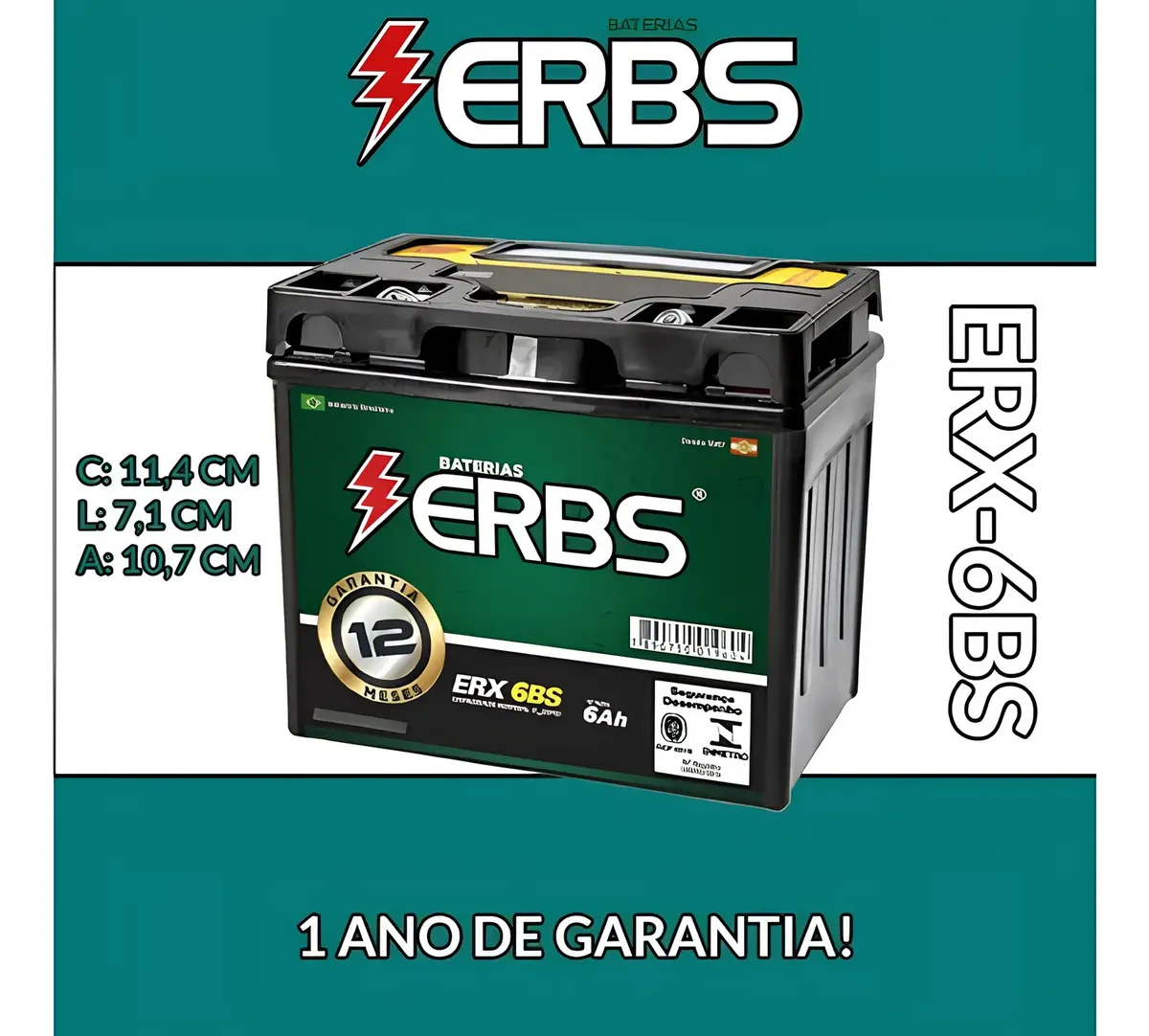 Bateria Moto Erbs Erx-6bs Biz 125es Titan 150 Mix Factor 125 - Imagem 2